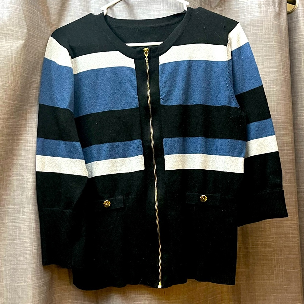 Size LG, Black/Blue/White Stripped, Zip-Up Sweater/Cardigan